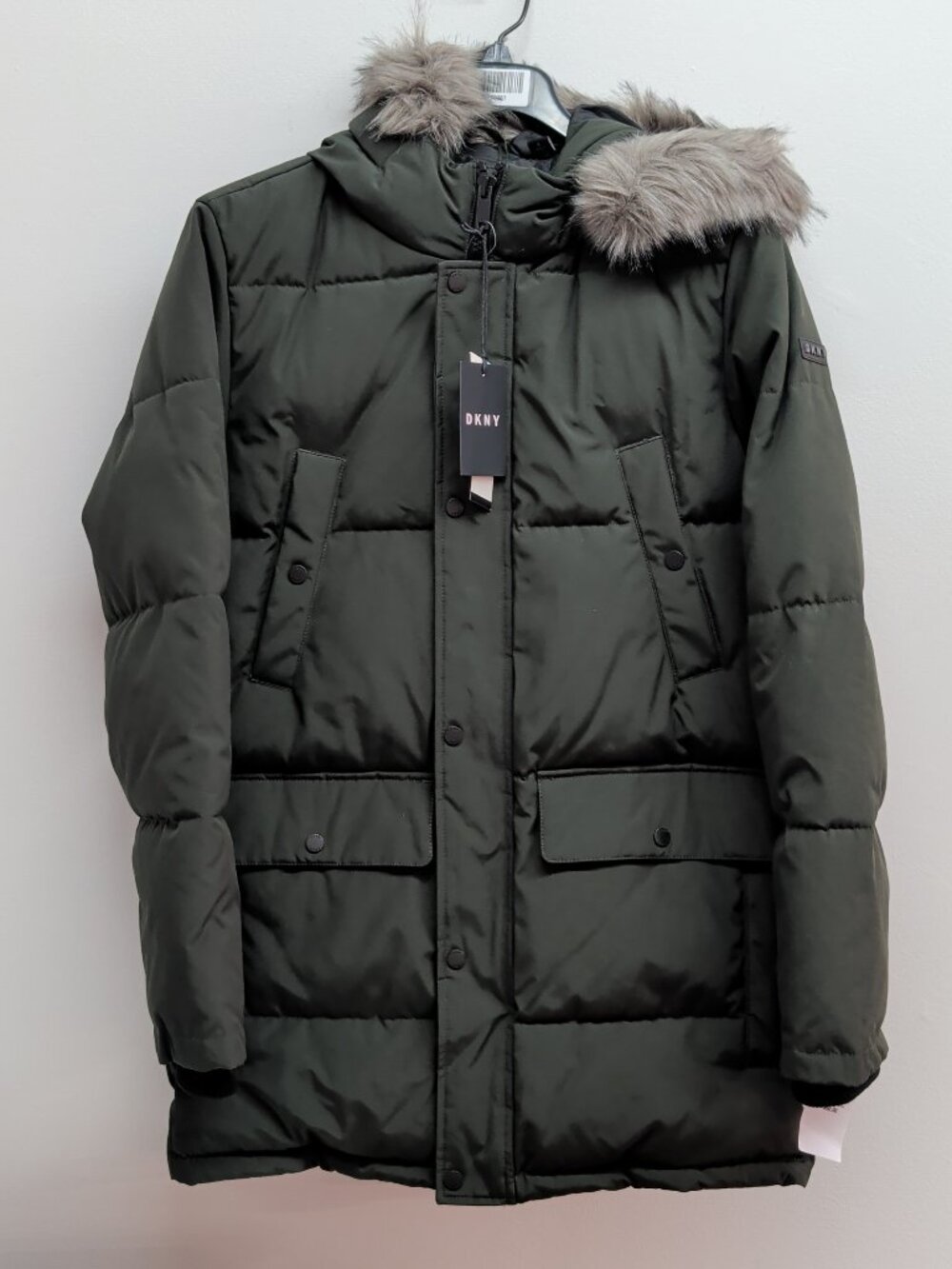 DKNY Men’s Hooded Puffer Bomber Jacket Ultra Loft Dark Olive Green Small NWT